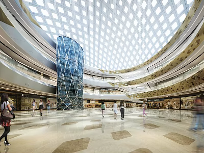 Bright Spacious Modern Shopping Mall Hall With Lattice Glass Dome And Central Glass Elevator 3d model