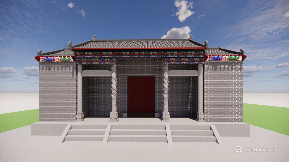 Ancient Traditional Architecture with Gray Brick Walls Red Door Stone Steps and Decorative Eaves 3d model 