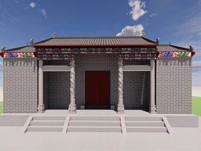 Ancient Traditional Architecture with Gray Brick Walls Red Door Stone Steps and Decorative Eaves 3d model
