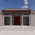 Ancient Traditional Architecture with Gray Brick Walls Red Door Stone Steps and Decorative Eaves