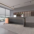 Modern Office Interior Design With Large Desk Laptop Green Plant And Striped Wall