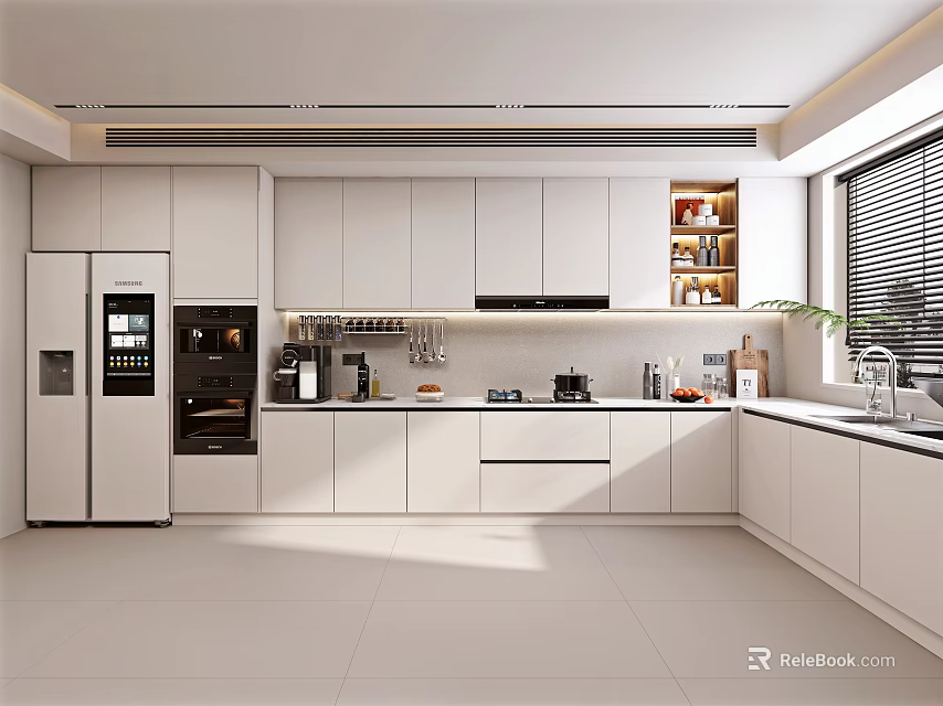 Modern White Kitchen Interior Design With Cabinets Appliances And Window Blinds 3d model 