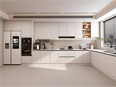 Modern White Kitchen Interior Design With Cabinets Appliances And Window Blinds 3d model