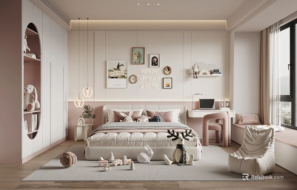 Cozy Kids Room Interior Design With Bed Desk Stuffed Toys Rug And Wall Art 3d model 