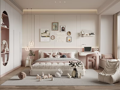 Cozy Kids Room Interior Design With Bed Desk Stuffed Toys Rug And Wall Art 3d model