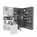 White Home Office Writing Desk and Chair Set with Black Bookshelves Lamp Globe and Decorations
