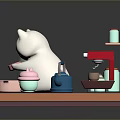 3D Model Scene With White Cartoon Cat And Laptop Near Coffee Machine And Cups