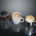 Three Cups of Coffee with Latte Art in Various Material Mugs on Dark Background