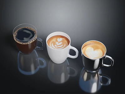Three Cups of Coffee with Latte Art in Various Material Mugs on Dark Background 3d model