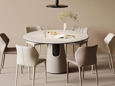 Round Dining Table with Marble Top and Modern Chairs Vase with Plants Hanging Lamp 3d model