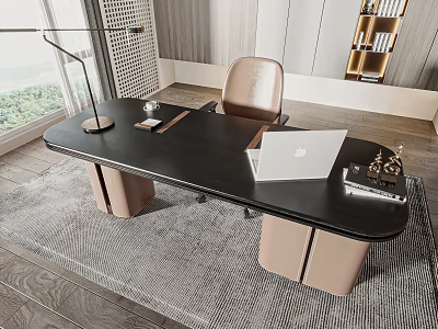 Modern Work Desk With Black Tabletop Laptop Desk Lamp Comfortable Chair And Window View 3d model