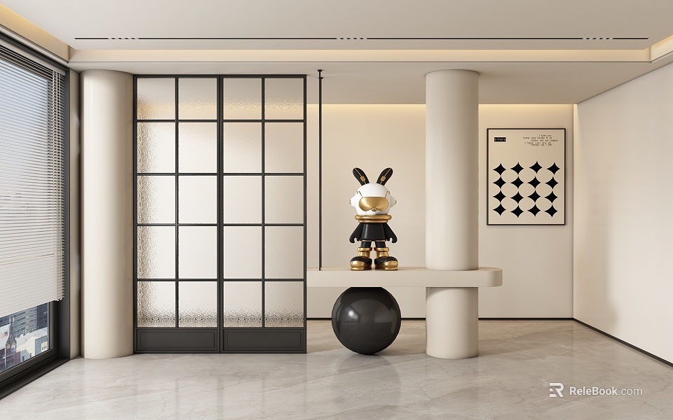 Modern Foyer Passage With Glass Partition And Art Decor 3d model 