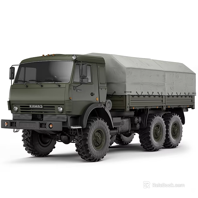 Military Green KAMAZ Off Road Truck With Canvas Covered Cargo Bed And Six Wheel Drive 3d model 