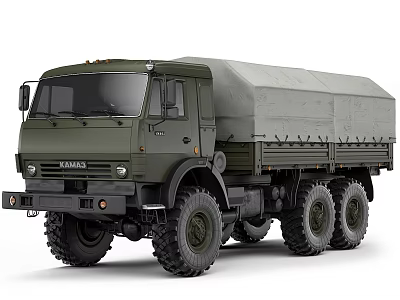 Military Green KAMAZ Off Road Truck With Canvas Covered Cargo Bed And Six Wheel Drive 3d model