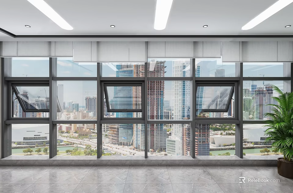 Spacious Modern Interior With Large Glass Windows City View Sleek Floor White Ceiling Lights 3d model 