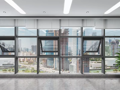 Spacious Modern Interior With Large Glass Windows City View Sleek Floor White Ceiling Lights 3d model