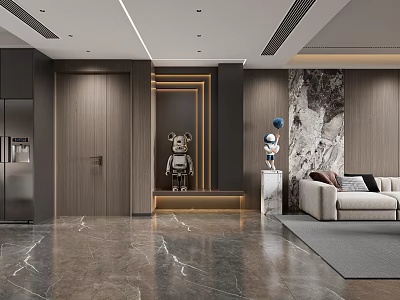 Modern Living Dining Room Interior With Dark Wood Walls Marble Floor Sofa And Decorative Figures 3d model