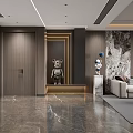 Modern Living Dining Room Interior With Dark Wood Walls Marble Floor Sofa And Decorative Figures