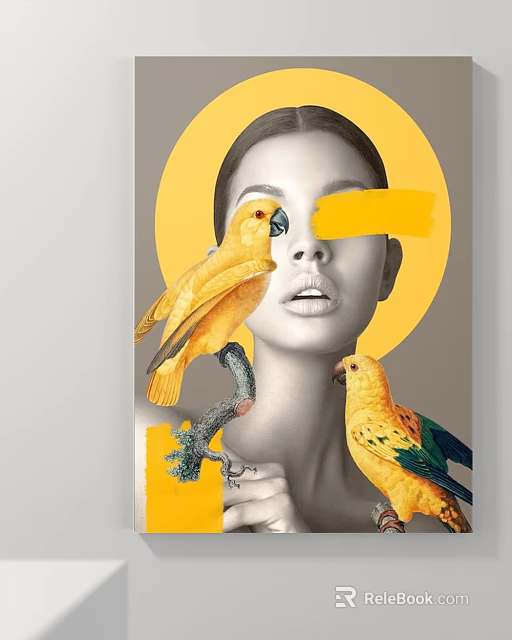 Vibrant Portrait of Woman with Yellow Parrots Perching on Hand and Halo Background 3d model 