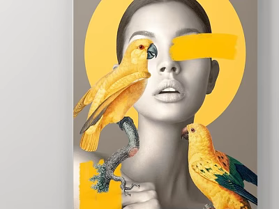 Vibrant Portrait of Woman with Yellow Parrots Perching on Hand and Halo Background 3d model
