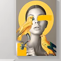 Vibrant Portrait of Woman with Yellow Parrots Perching on Hand and Halo Background