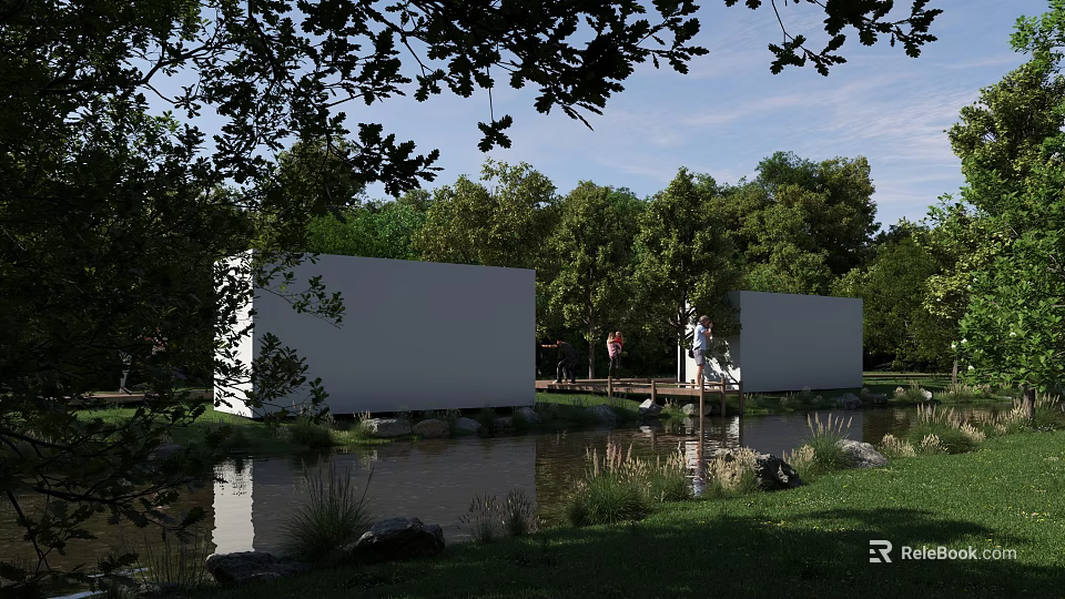 Tranquil Park Landscape With Pond Green Trees White Structures And Grass Path 3d model