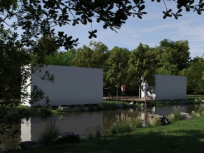 Tranquil Park Landscape With Pond Green Trees White Structures And Grass Path 3d model