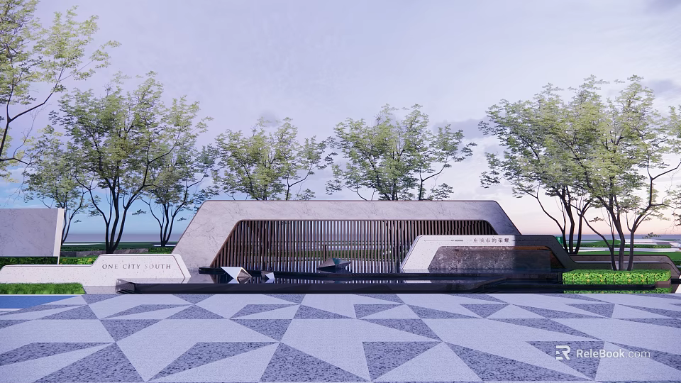 Modern Landscape Feature Wall with Geometric Pavement Trees and Open Sky 3d model