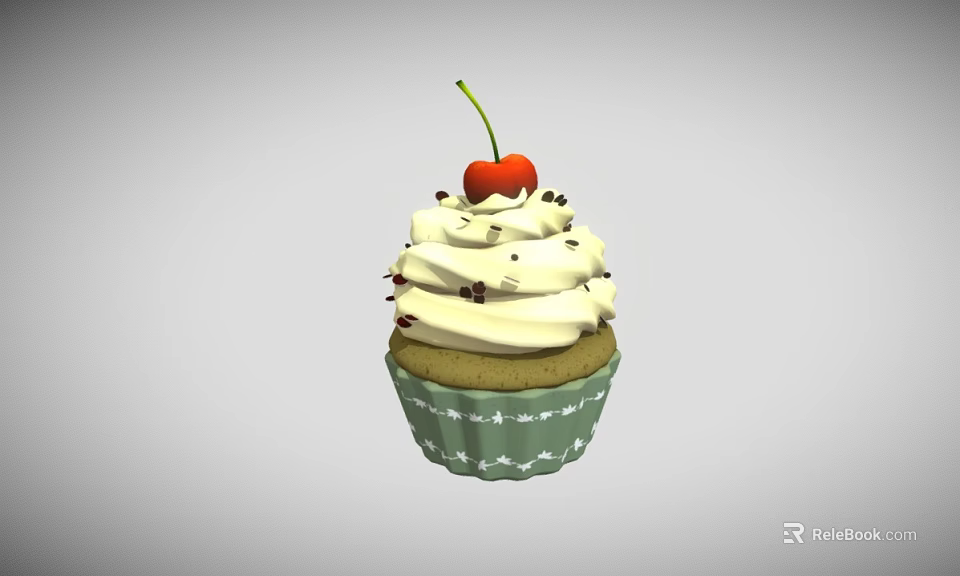 Delicious Cupcake With White Cream Topping Cherry And Chocolate Sprinkles In Green Wrapper 3d model 