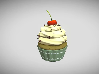 Delicious Cupcake With White Cream Topping Cherry And Chocolate Sprinkles In Green Wrapper 3d model