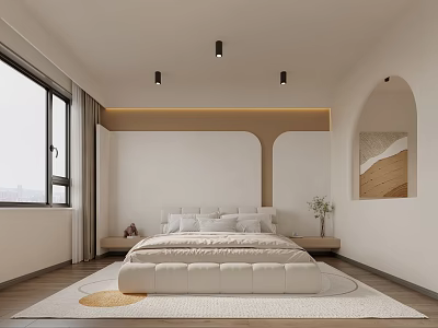 Minimalist Apartment Bedroom Interior With Bed Ceiling Lights And Rug 3d model