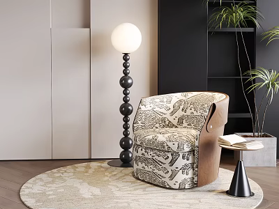 Elegant Printed Fabric Upholstered Leisure Chair For Modern Cozy Living Room Corner Home Decoration 3d model