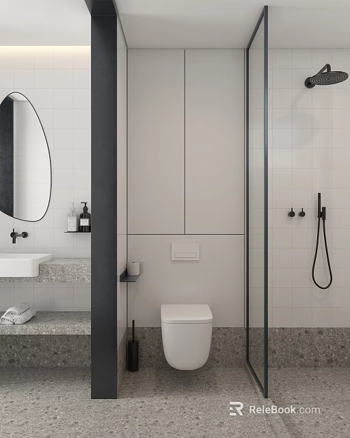 Modern Minimalist Bathroom Interior With White Tiles Oval Mirror And Glass Shower Enclosure 3d model 