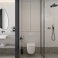 Modern Minimalist Bathroom Interior With White Tiles Oval Mirror And Glass Shower Enclosure