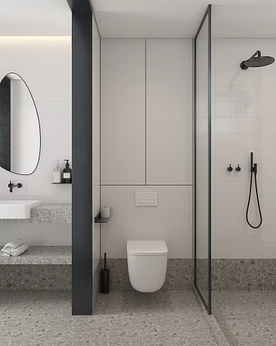 Modern Minimalist Bathroom Interior With White Tiles Oval Mirror And Glass Shower Enclosure 3d model