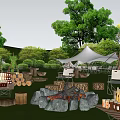 Garden Landscape Featuring White Tents Stacked Logs Fire Pit And Wooden Seating