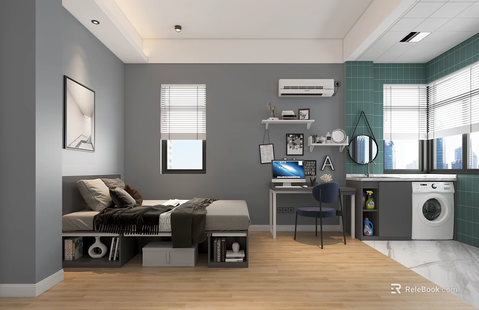 Modern Functional Apartment Interior with Bedroom Desk Storage Gray Walls Blinds and Wooden Floor 3d model 