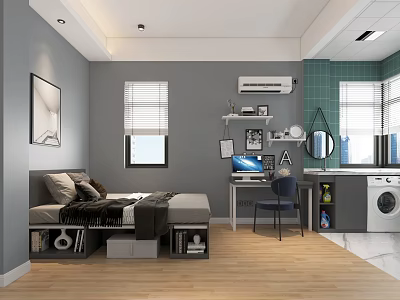Modern Functional Apartment Interior with Bedroom Desk Storage Gray Walls Blinds and Wooden Floor 3d model