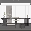 Modern Minimalist Tea Room Interior With Wooden Tea Table Tea Sets And Decorative Plants