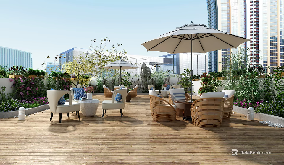 Terrace Garden With Wooden Deck Wicker Furniture White Umbrella Plants Flowers And City Skyline 3d model 