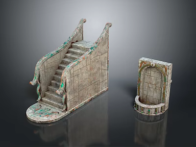 Ancient Architectural Components Featuring Staircase With Steps And Arched Doorway With Carvings And Decorations 3d model