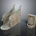 Ancient Architectural Components Featuring Staircase With Steps And Arched Doorway With Carvings And Decorations