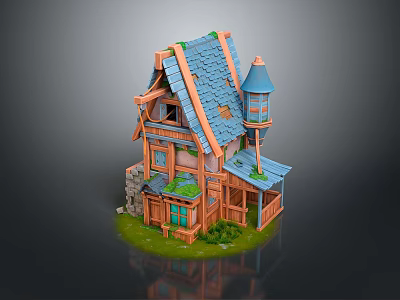 Charming Small Wooden Cottage With Blue Roof Tower And Green Grass 3d model