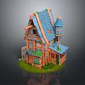 Charming Small Wooden Cottage With Blue Roof Tower And Green Grass