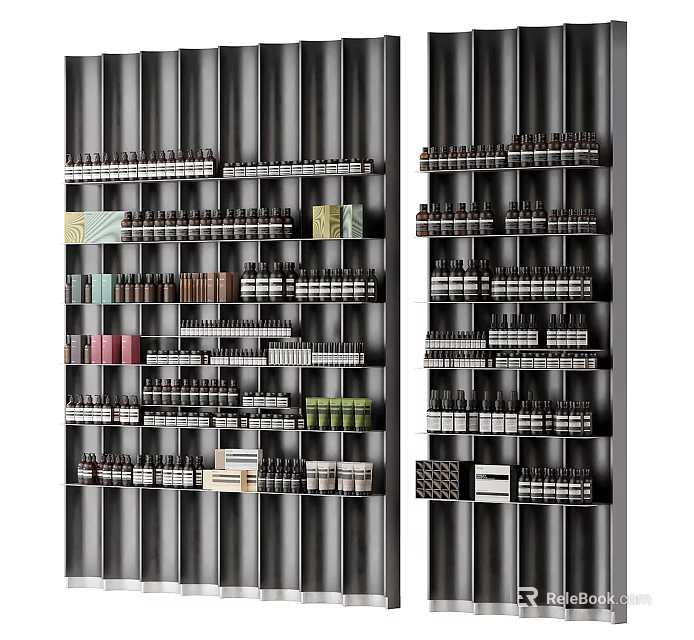Neatly Arranged Perfumes And Cosmetics Display On Multiple Shelves With Various Bottles And Different Colors 3d model 
