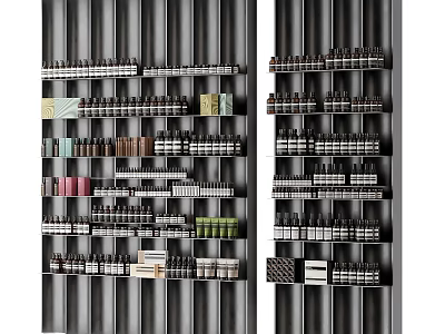 Neatly Arranged Perfumes And Cosmetics Display On Multiple Shelves With Various Bottles And Different Colors 3d model