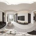 Modern Living and Dining Room Interior With Black Sofa Decorative Painting And Lighting Design