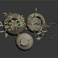 Hand Sculpted Clay Vases With Olive Branch Decoration On Dark Reflective Surface
