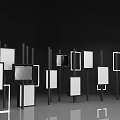 Abstract Black And White Geometric Shapes Arranged On Stand Structure With Reflective Floor