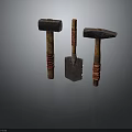 Three Ancient Weapons With Wooden Handles Shovel Shaped Metal Heads And Red Wraps